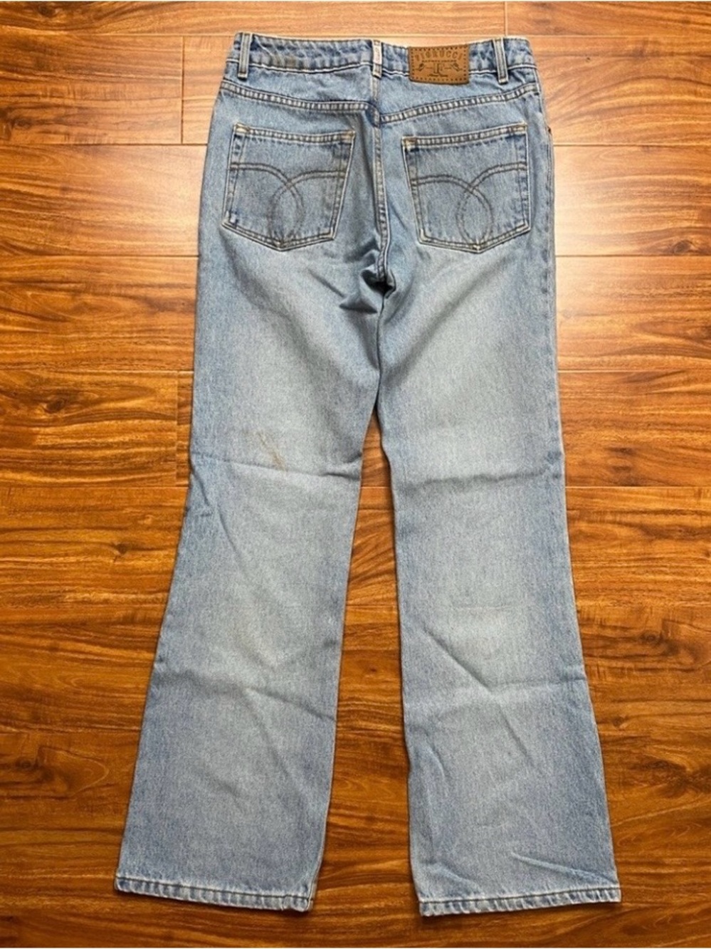 Vintage Fiorucci Italy Junior Light Blue Distressed High Waist Flare Jean Size 9